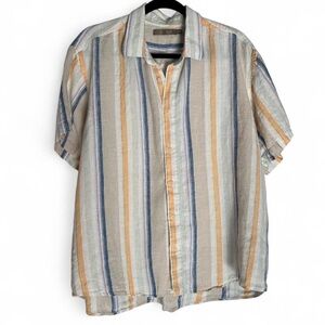Raffi Short-Sleeve Vertical Stripe Button-Down Linen Shirt - Beige Blue Tan XXL
